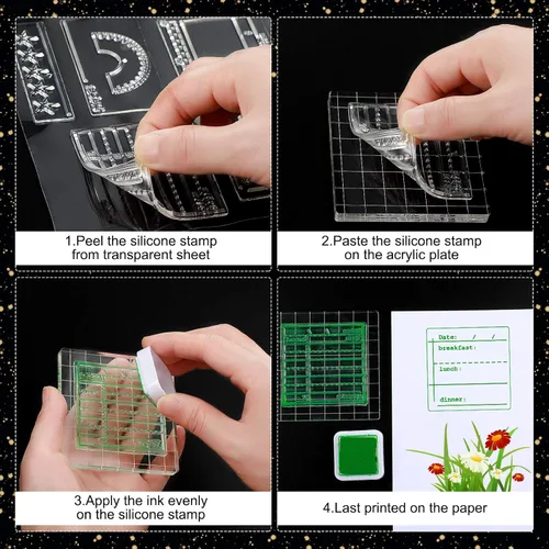 Vista 4 de Zonon 18 Piezas Sellos de Diario Sellos Transparentes para Diario, 4 Hojas Plantillas de Planificador de Calendario de Silicona para Bullet Journal
