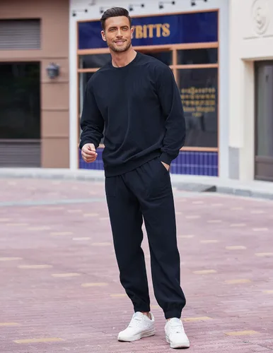 Vista 3 de COOFANDY Conjunto deportivo de 2 piezas para hombre, sudadera de manga larga, sin botones, para deportes, casual, fitness, trotar