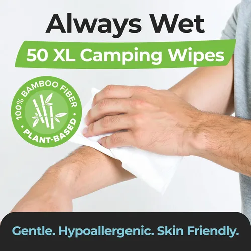 Vista 7 de Esenciales para Acampar - Toallitas Corporales para Baño de Adultos en Campamento Sin Enjuague - 50 Toallitas XL Desodorantes para Ducha y Baño