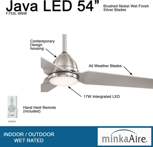 Vista 9 de Minka-aire - F753L-WHF Ventilador de techo Java led plano, blanco de 54 pulgadas, para exterior, padre (níquel cepillado húmedo), F753L-BNW