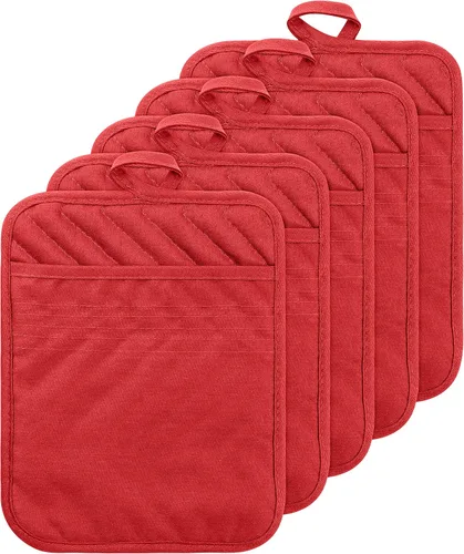 Vista 9 de Juego de 5 agarraderas de algodón con bolsillo para cocina, resistentes al calor, lavables a máquina, almohadillas calientes, guantes de horno a