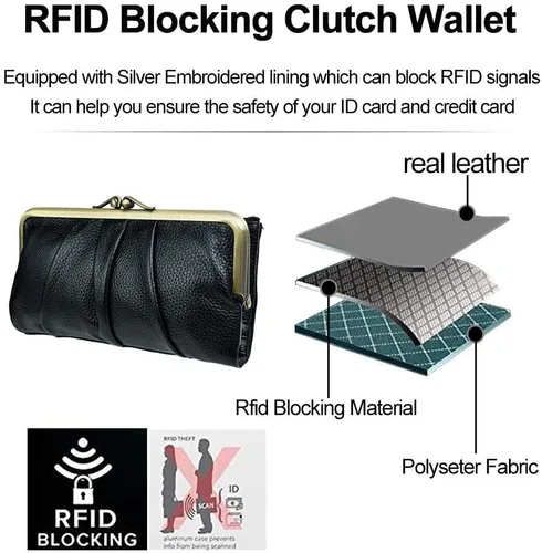 Vista 6 de Carteras de cuero suave para mujer compactas plegables RFID monedero con cremallera y bloqueo de beso Negro - Vintage