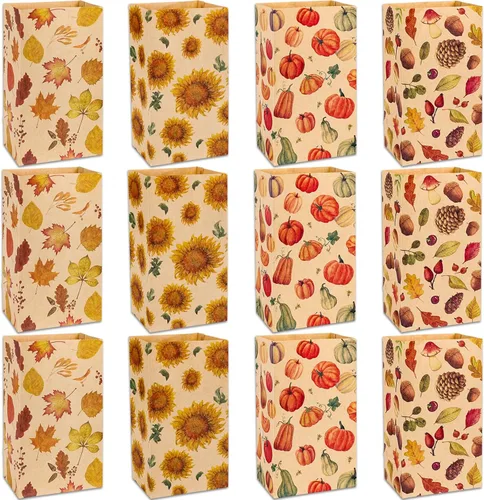 Vista 8 de Whaline 48 bolsas planas de otoño para golosinas, papel kraft, calabazas, hojas de arce, girasoles, nueces, bolsa de regalo para regalos de fiesta