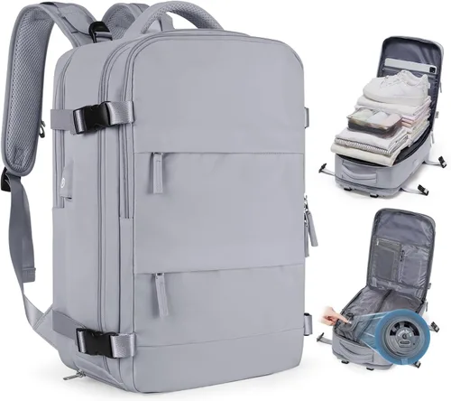 Vista 13 de Mochila de viaje grande, bolsa de mano, aprobada para aviones, para artículos personales, para hombre o mujer, color beige con marrón