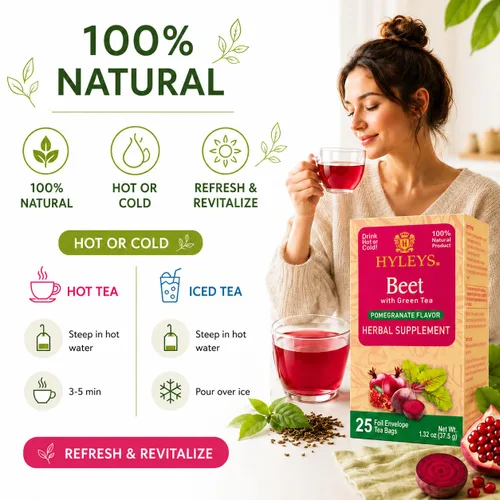 Vista 4 de Hyleys Remolacha y té verde con sabor natural a granada - Té de energía de hierbas - Apoya la concentración - 25 bolsas de té Beet Root & Green