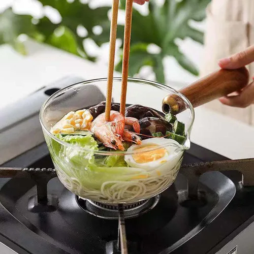Vista 7 de Cacerola de vidrio transparente, mini olla resistente al calor con mango de madera, juego de utensilios de cocina de vidrio para ramen, olla