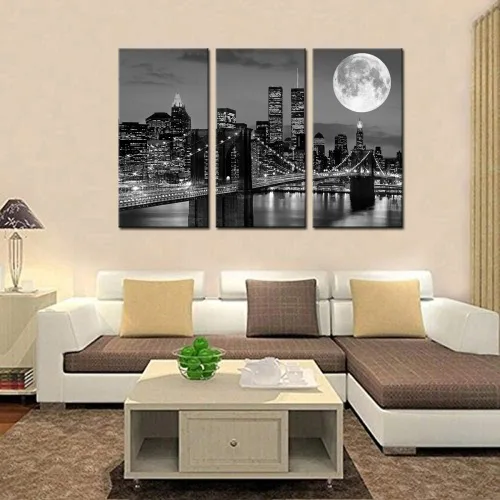 Vista 3 de Biuteawal Arte de pared de horizonte de Nueva York, puente de Brooklyn, luna y vista nocturna, lienzo impreso en lienzo de ciudad en blanco y negro