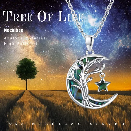Vista 4 de PCTJYFU Collar de plata de ley 925 con colgante de árbol de la vida, estrella de abulón, luna y árbol de la vida, joyería familiar, regalos