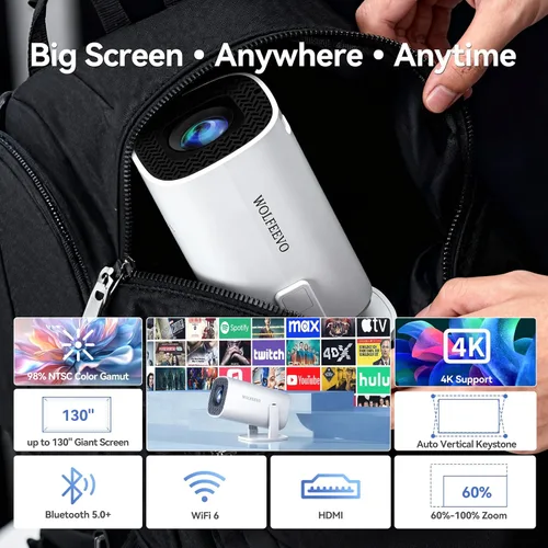 Vista 2 de Mini proyector con WiFi 6 y Bluetooth 5.0, proyector portátil con soporte 4K con sistema Android14, rotación de 210°, corrección trapezoidal
