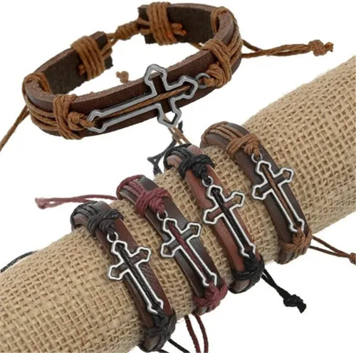Vista 7 de brazalete negro con forma de cruz de cuero genuino para hombre