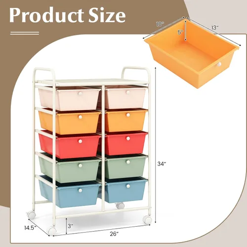 Vista 3 de HOMGX Carrito de almacenamiento con ruedas con 10 cajones, 2 x 5 estantes con ruedas bloqueables, organizador de carrito rodante para oficina
