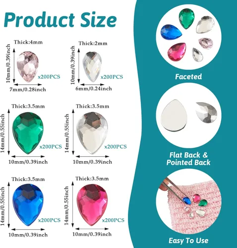 Vista 3 de Pandahall - 1200 unidades de diamantes de imitación para coser en forma de lágrima, diamantes de imitación de cristal con parte trasera plana