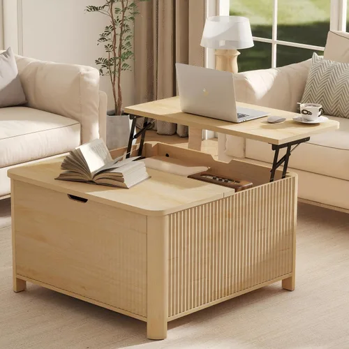 Vista 8 de LYNCOHOME Mesa de centro acanalada con compartimento oculto, mesas de centro elevables de madera, mesa central moderna para sala de estar, oficina