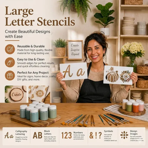 Vista 2 de DLY Lifestyle Plantillas de letras grandes para pintar sobre madera, 50 plantillas de alfabeto y números para manualidades reutilizables, letras