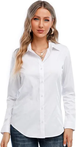 Vista 6 de SUNNOW Camisas de manga corta con botones para mujer, básicas, simples, elásticas, sin arrugas, blusas formales de trabajo
