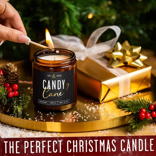 Vista 3 de Vela de menta – Vela de Navidad 'Candy Cane' con mentol, menta y vainilla – Infundida con aceites esenciales I Velas de Navidad perfumadas I 9