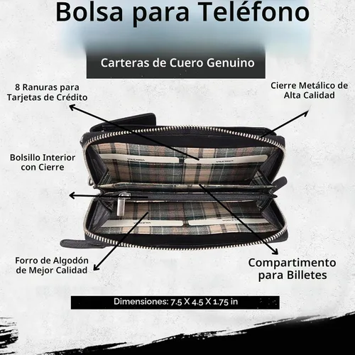 Vista 4 de Bolsos cruzados de cuero genuino pequeños para mujer monedero del teléfono celular, moda casual con correa ajustable Negro