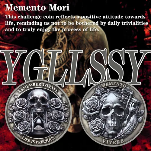 Vista 4 de Moneda Memento Mori Reloj de arena Cráneo Tiempo Mortalidad Moneda estoica Amor Fati Moneda Memento Vivere Carpe Cráneo Coleccionable Recuerdo