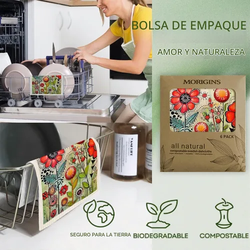 Vista 2 de Juego de 6 paños de cocina de flores primaverales, de secado rápido, absorbentes Animal