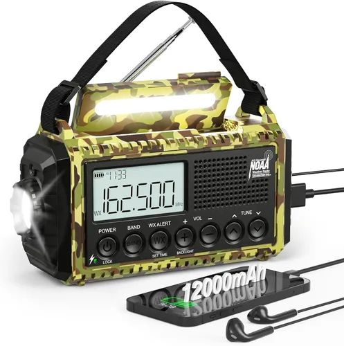 Vista 9 de Eoxsmile NOAA - Radio meteorológica de 12000 mAh, radio de emergencia con manivela manual, solar, funciona con pilas, radio portátil de onda corta