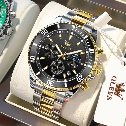 Vista 2 de OLEVS Relojes para hombre, de acero inoxidable, impermeables, con fecha, analógico, de cuarzo, de moda, para negocios, relojes de pulsera