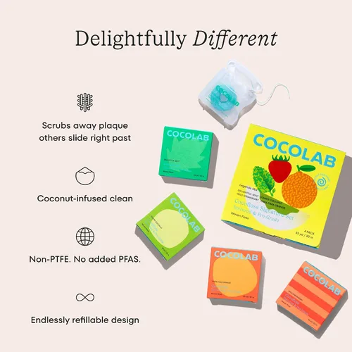 Vista 2 de Cocofloss Hilo dental tejido, cuidado bucal diseñado por dentistas, encerado, vegano, apto para niños, con aceite de coco, paquete de 4 de menta