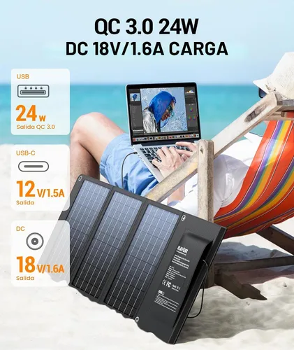 Vista 4 de BLAVOR Cargador solar de 30W USB-A QC3.0 24W USB-C DC 30W de salida, panel solar plegable para acampar, IPX4 impermeable, cargador de batería solar