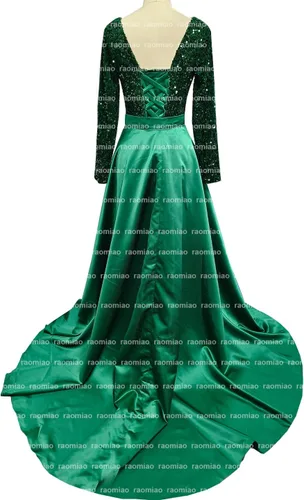 Vista 5 de Vestido de fiesta de lentejuelas de manga larga con cuello en V, vestido de fiesta dividido de satén con cola desmontable, vestido de noche formal