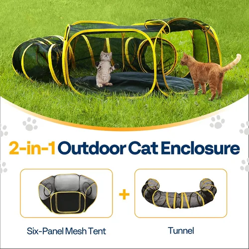 Vista 3 de VIVOHOME Cercas exteriores para gatos 2-en-1, Catio portátil con tienda de campaña para gato, túnel de corral circular, para gatitos y animales