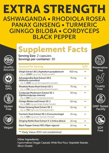 Vista 5 de Lunakai Cápsulas puras de Shilajit fabricadas en Estados Unidos con Ashwagandha, Rhodiola y Cordyceps - Extracto de Shilajit extra fuerte