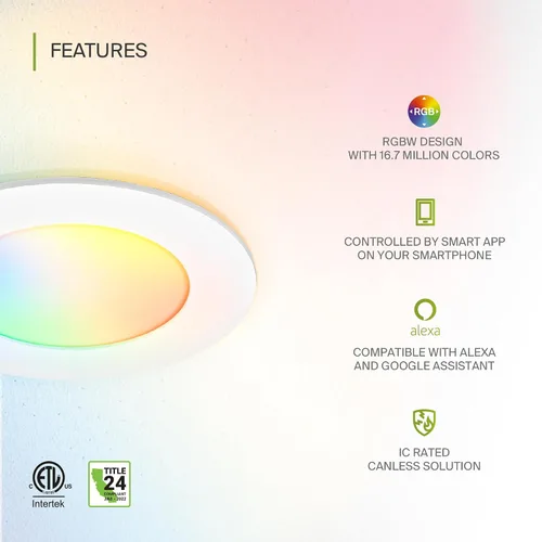 Vista 3 de ASD 1 Pack LED Smart Recessed Lighting 4 Inch 9W, RGBW Color Changing Lights, Compatible with Alexa & Google Assistant, Dimmable 2700K-6500K
