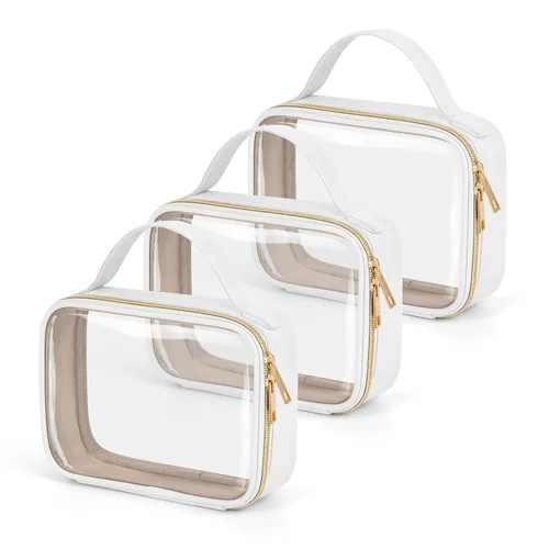 Vista 28 de Bolsa de aseo transparente Wedama, paquete de 2 bolsas de maquillaje transparentes con asas, bolsas cosméticas de PVC para mujeres y hombres, bolsas
