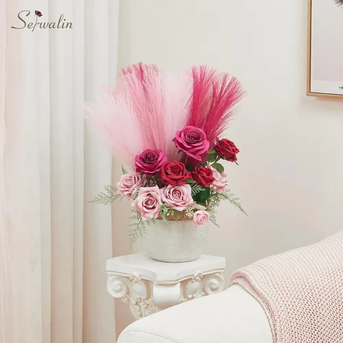 Vista 5 de Serwalin Decoración de zacate de las pampas rosa intenso, rosa rubor y rosa, 17.7 pulgadas 6 piezas de zacate de las pampas sintético, zacate A Abby