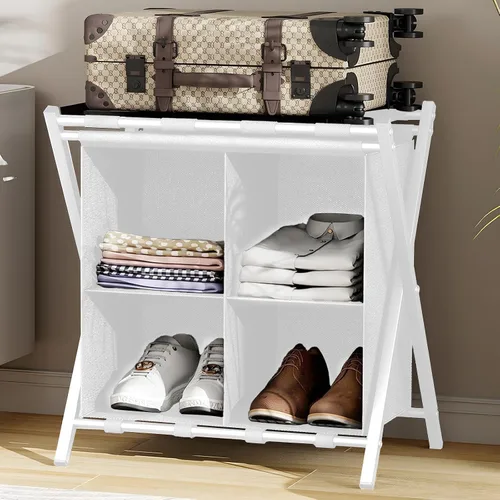 Vista 12 de Huhote Portaequipajes para habitación de invitados, soporte plegable para maleta con estante de almacenamiento de tela, soporte para equipaje