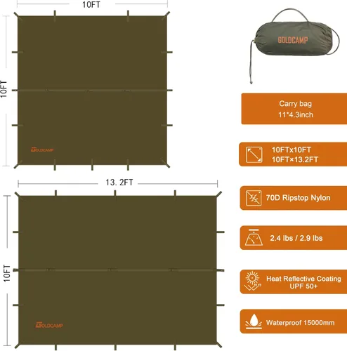 Vista 5 de Lona de camping GOLDCAMP 70D PU15000mm impermeable con protección UV50+ (10 x 10 pies)