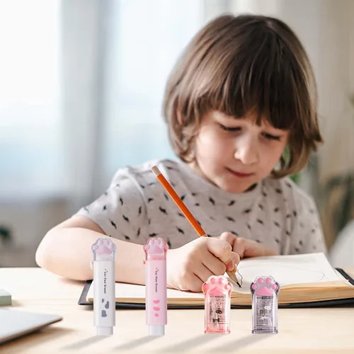 Vista 7 de 2 sacapuntas con diseño de pata de gato y 2 borradores retráctiles, diseño kawaii de gato, sacapuntas manual para niños, borradores estéticos