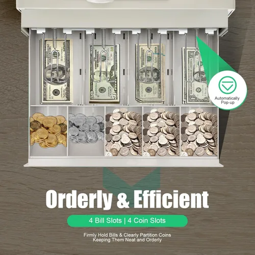 Vista 4 de Caja registradora electrónica, caja registradora comercial de 48 llaves con pantalla LED y cabezal de impresora térmica, 4 billetes 5 monedas