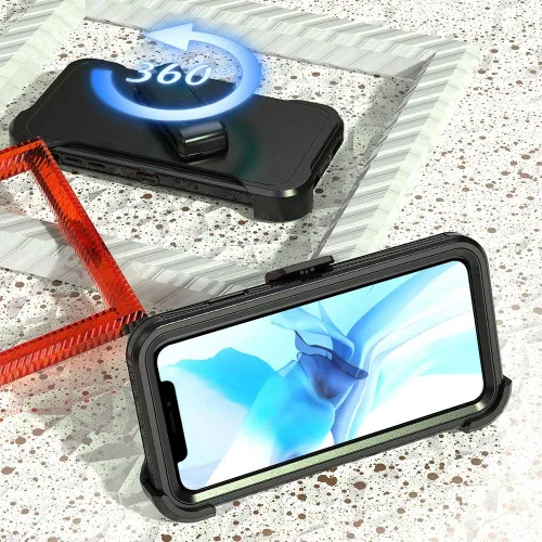 Vista 5 de Protector de armadura resistente a prueba de golpes para iPhone 12 y 12 Pro - Funda con clip para cinturón (negro)