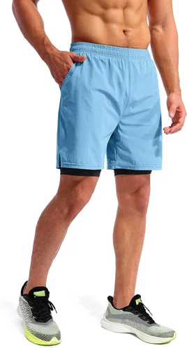 Vista 3 de Pudolla Mens 2 in 1 Running Shorts 7" Quick Dry Gym Athletic Workout Shorts for Men with Phone Pockets
