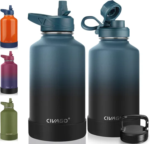 Vista 36 de CIVAGO Botella de agua aislada de 22 onzas con pajita, frasco de agua deportiva de acero inoxidable con 3 tapas