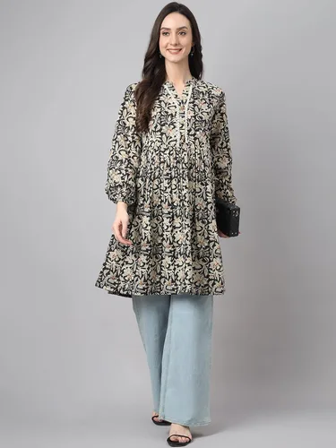 Vista 4 de Janasya Túnica acampanada con estampado floral de algodón negro para mujer india