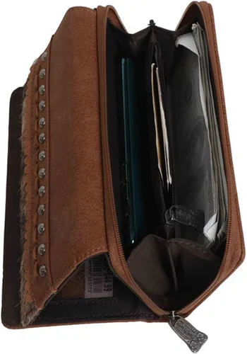 Vista 6 de Montana West Cartera de cuero para mujer con tachuelas occidentales, Café Whipstitched Trinity Ranch Cuero, Moderno