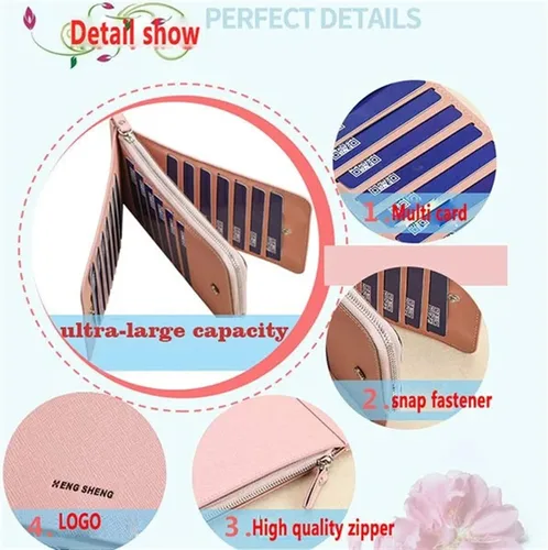 Vista 3 de Cartera larga multifuncional, bolsillo con cremallera para mujer de cuero para tarjetas de crédito, billetera plegable de cuero para tarjetas