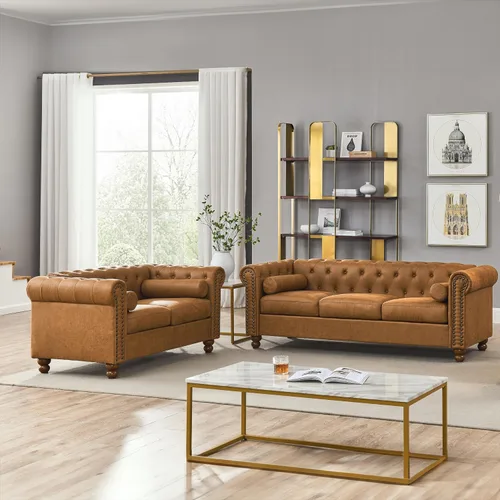Vista 13 de Juego de 2 piezas Air Leather Chesterfield para sala de estar, sofá y silla Marrón