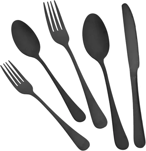 Vista 11 de JASHII Juego de cubiertos de 20 piezas con acabado satinado, servicio para 4, juego de cubiertos de titanio, juego de utensilios de oro mate