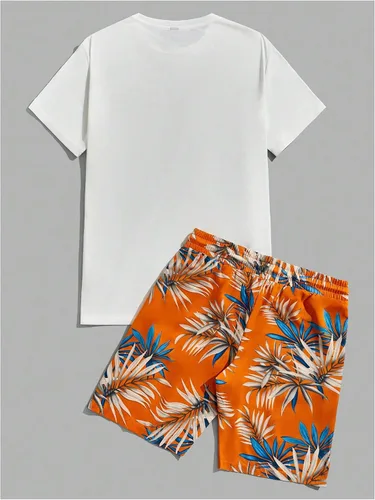 Vista 113 de GORGLITTER Conjunto de 2 piezas de camiseta gráfica de manga corta para hombre, estampado hawaiano con cordón y pantalones cortos