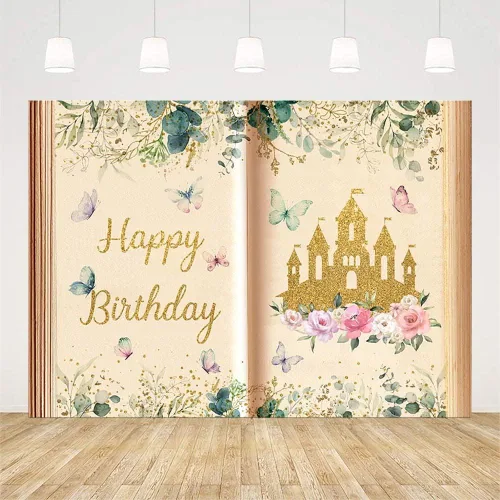 Vista 2 de AIBIIN Libros de cuentos de hadas de 7 x 5 pies, telón de fondo de feliz cumpleaños para niña, libro de apertura antigua, Once Upon a Time, castillo