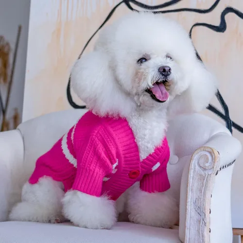 Vista 3 de CuteBone - Suéter de punto a rayas para perros, ropa de invierno de punto rosa para perros pequeños, gatos, niño, niña, atuendo para mascotas
