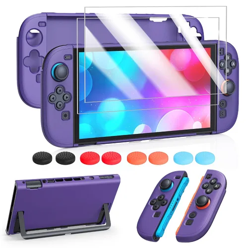 Vista 5 de FYOUNG Protective Case for Switch, Slim Hard Shell for Switch Accessories, Scratch&Shock Protection Cover with Screen Protector, 8 Thumb Grip(Clear