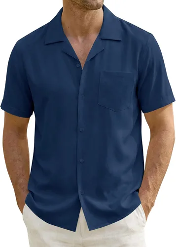 Vista 16 de ZEROYAA Camisas de manga corta con botones y ajuste regular para hombre Rojo llama